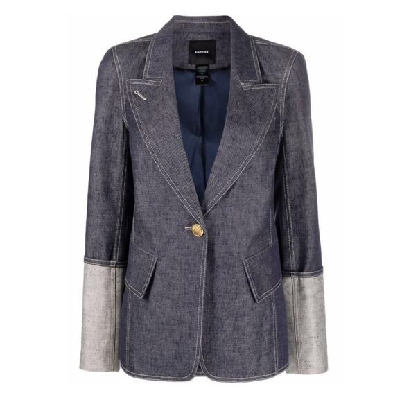 SMYTHEFitted Denim Jacket Blazer Peak Lapels Fold-Over Sleeves Women’s Size 10